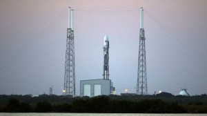 The unmanned Falcon 9 rocket carrying NOAA's Deep Space Climate Observatory Satellite sits on launch complex after a scrubbed launch attempt in Cape Canaveral
